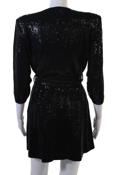 Zara Womens 3/4 Sleeve V Neck Sequin Knit Mini Dresses Black Size Medium