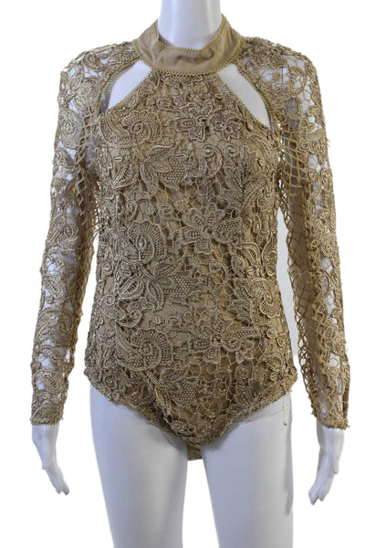 Asilio Womens Long Sleeve Open Back Metallic Lace Bodysuit Gold Size 6