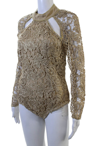 Asilio Womens Long Sleeve Open Back Metallic Lace Bodysuit Gold Size 6