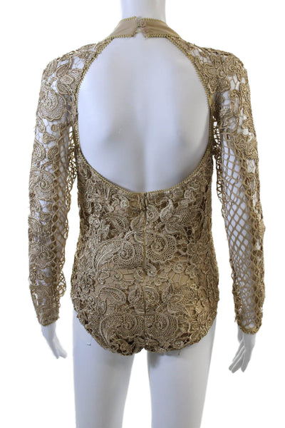 Asilio Womens Long Sleeve Open Back Metallic Lace Bodysuit Gold Size 6