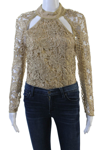 Asilio Womens Long Sleeve Open Back Metallic Lace Bodysuit Gold Size 6