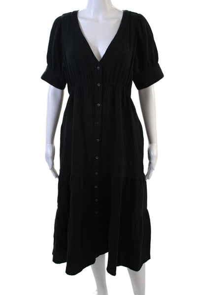 Madewell Womens Cotton Textured Print Short Sleeve Button Up Dress Black Size 4