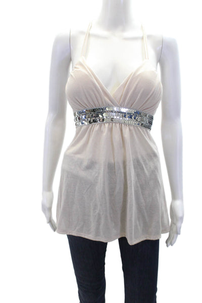 Poema Womens Metallic Sequin Trim V Neck Blouse Beige Size L