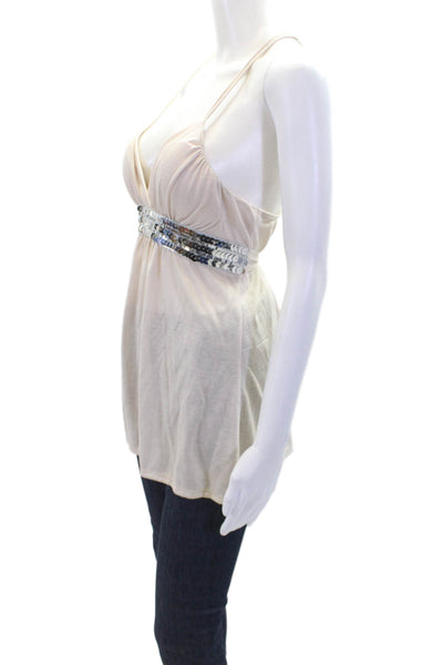 Poema Womens Metallic Sequin Trim V Neck Blouse Beige Size L
