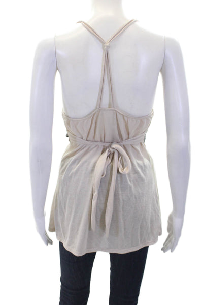 Poema Womens Metallic Sequin Trim V Neck Blouse Beige Size L