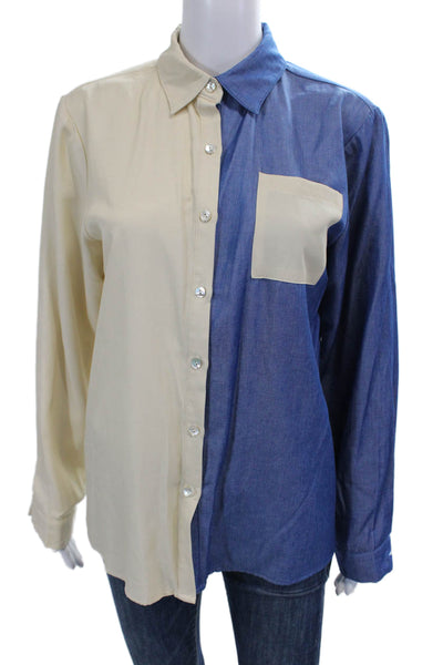 Muze Womens Long Sleeves Button Down Blouse Beige Blue Size Medium