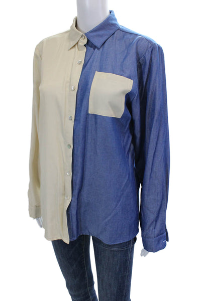 Muze Womens Long Sleeves Button Down Blouse Beige Blue Size Medium