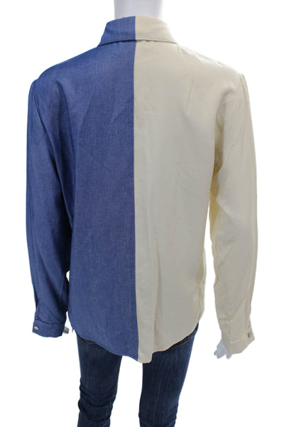 Muze Womens Long Sleeves Button Down Blouse Beige Blue Size Medium