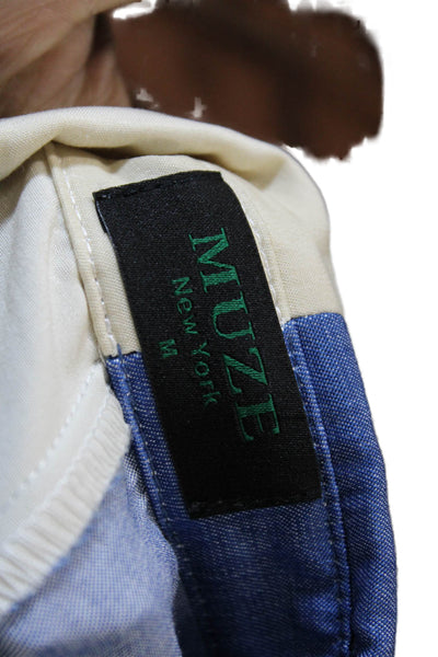 Muze Womens Long Sleeves Button Down Blouse Beige Blue Size Medium