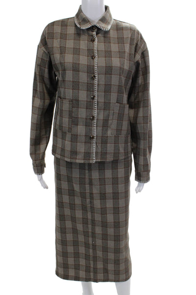 Muze Womens Plaid Button Down Shirt Maxi Skirt Set Brown Size Medium