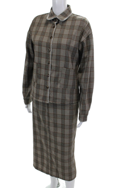 Muze Womens Plaid Button Down Shirt Maxi Skirt Set Brown Size Medium