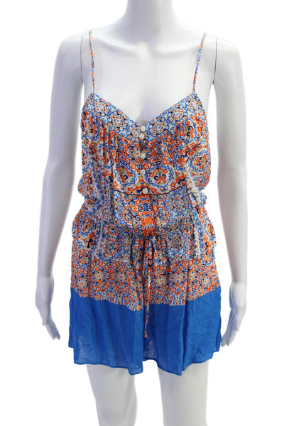 Shoshanna Womens Spaghetti Strap Scoop Neck Abstract Romper Blue White Small