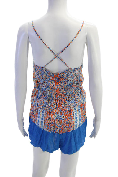 Shoshanna Womens Spaghetti Strap Scoop Neck Abstract Romper Blue White Small