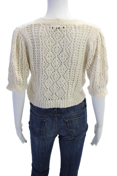 Zara Womens Button Front Short Sleeve Open Knit Cardigan Sweater White Size Smal