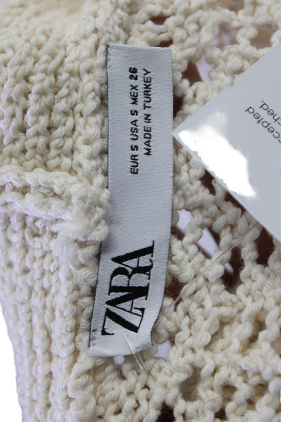 Zara Womens Button Front Short Sleeve Open Knit Cardigan Sweater White Size Smal