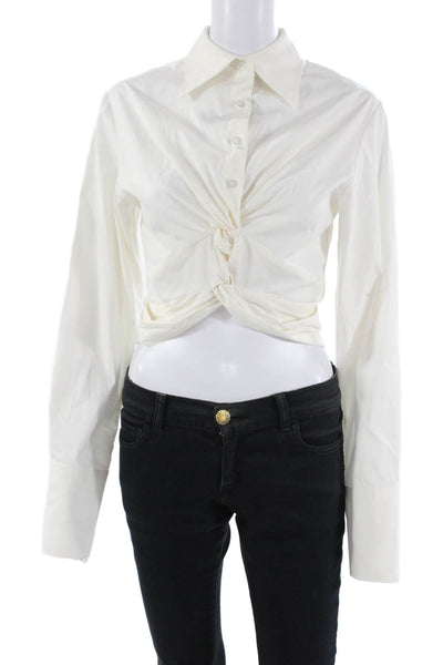Anna Quan Womens Cotton Ruched V-Neck Long Sleeve Blouse Top White Size 6