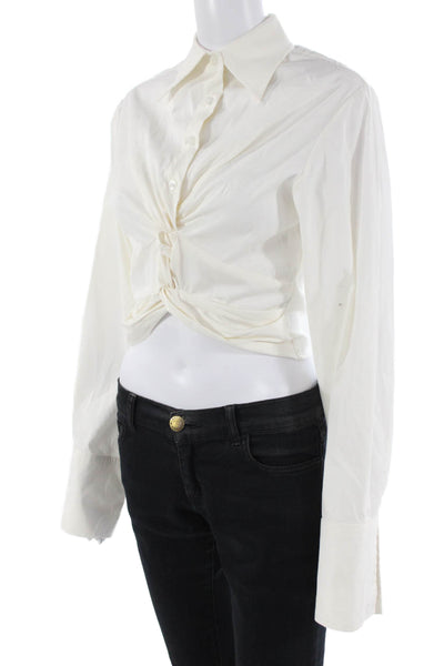 Anna Quan Womens Cotton Ruched V-Neck Long Sleeve Blouse Top White Size 6