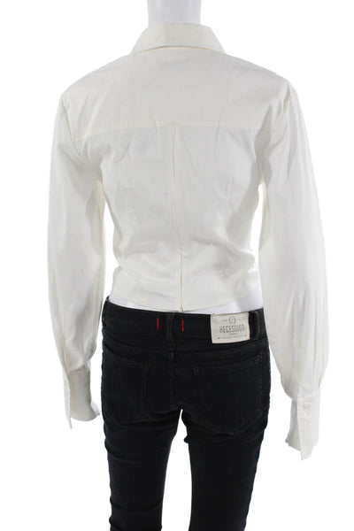 Anna Quan Womens Cotton Ruched V-Neck Long Sleeve Blouse Top White Size 6