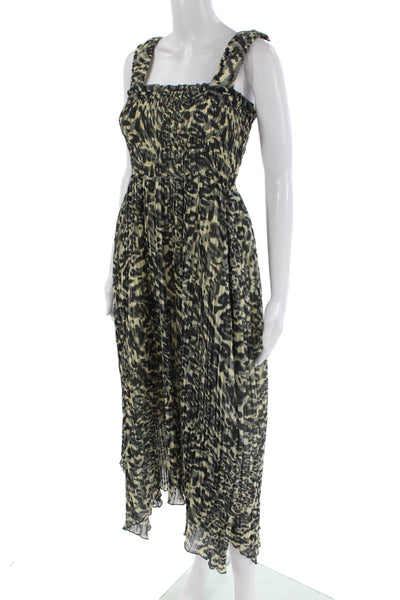 Ganni Womens Animal Print Pleated Sleeveless Maxi Dress Gray Multi Size 34