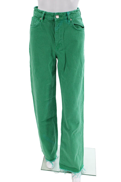 Zara Womens Textured Zip Button Wide Leg Fray Pants Green Size 04
