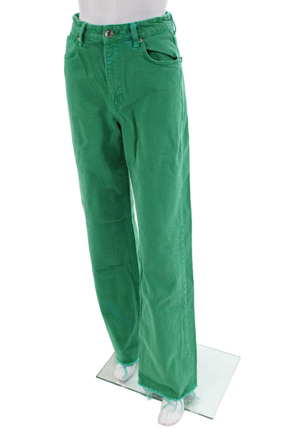 Zara Womens Textured Zip Button Wide Leg Fray Pants Green Size 04
