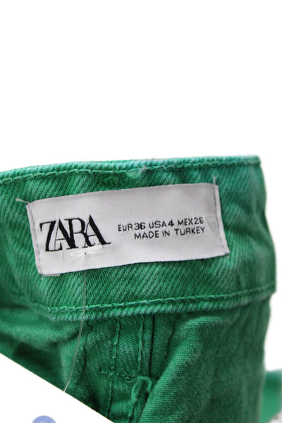 Zara Womens Textured Zip Button Wide Leg Fray Pants Green Size 04