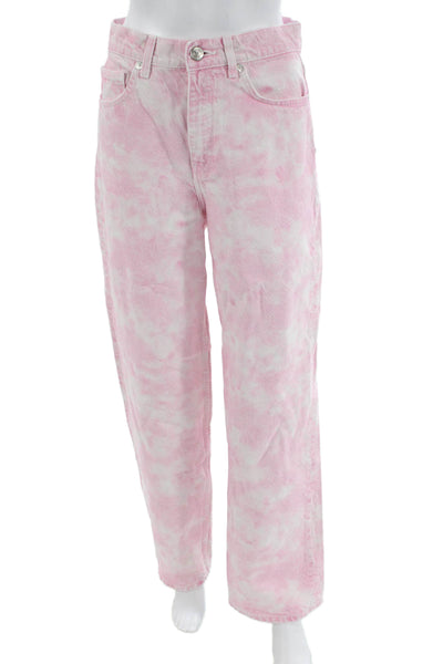 Zara Womens Cotton Zip Button Wide Leg Acid Wash Pants Pink Size 04