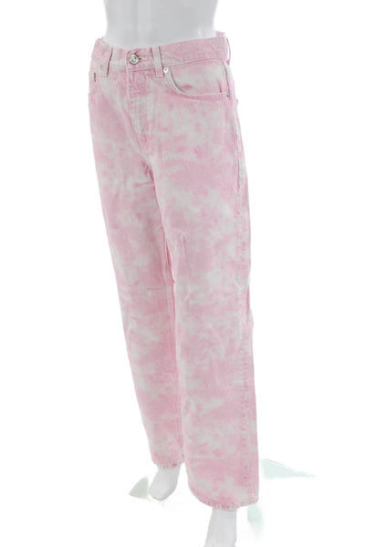 Zara Womens Cotton Zip Button Wide Leg Acid Wash Pants Pink Size 04
