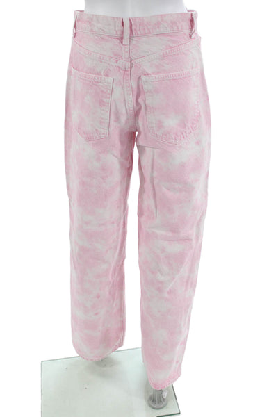 Zara Womens Cotton Zip Button Wide Leg Acid Wash Pants Pink Size 04