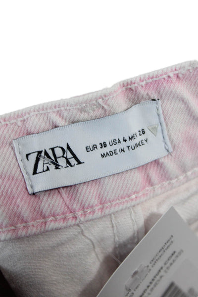 Zara Womens Cotton Zip Button Wide Leg Acid Wash Pants Pink Size 04