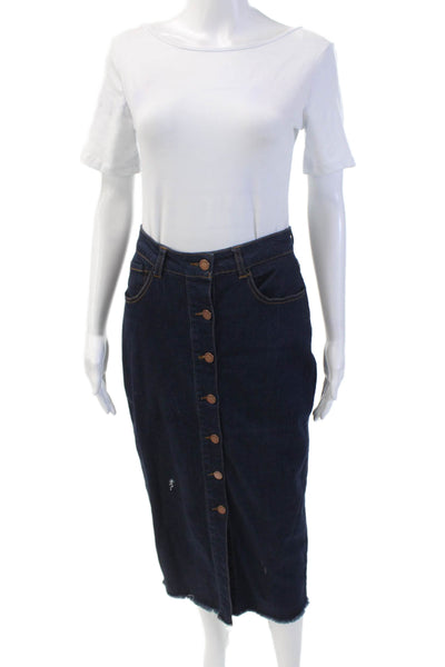 Black Label Womens Button Fornt Dark Wash Fringe Denim Pencil Skirt Blue Medium