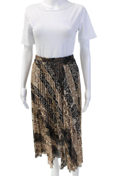 Absolu Womens Elastic Waistband Abstract Midi A Line Skirt Brown Black Medium