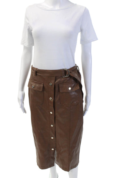 Absolu Womens Button Front Belted Faux Leather A Line Skirt Brown Size Large