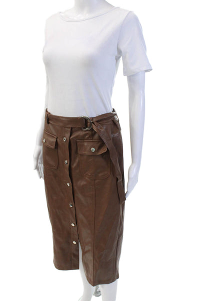 Absolu Womens Button Front Belted Faux Leather A Line Skirt Brown Size Large