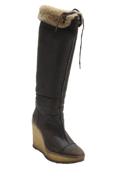 Yves Saint Laurent Womens Leather Round Toe Wedge Boots Brown Size 7