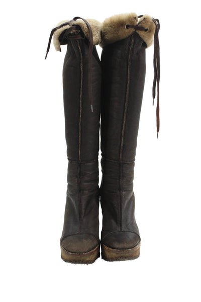 Yves Saint Laurent Womens Leather Round Toe Wedge Boots Brown Size 7