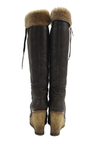 Yves Saint Laurent Womens Leather Round Toe Wedge Boots Brown Size 7