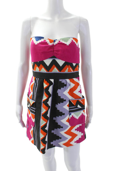 Tibi Womens Back Zip Strapless Abstract Romper Pink Black Cotton Size 4
