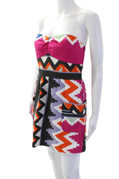 Tibi Womens Back Zip Strapless Abstract Romper Pink Black Cotton Size 4