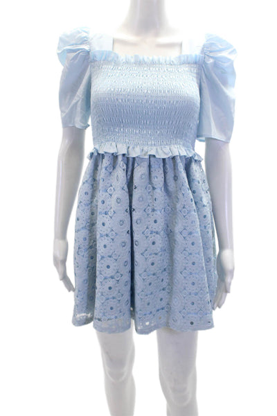 Rachel Parcell Womens Smocked Square Neck Short Sleeve Dress Blue Size XS