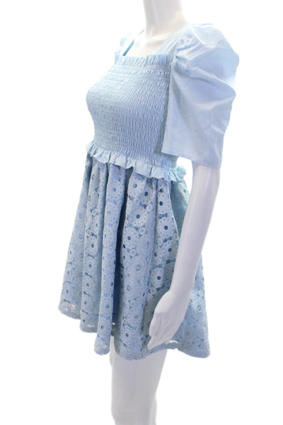 Rachel Parcell Womens Smocked Square Neck Short Sleeve Dress Blue Size XS