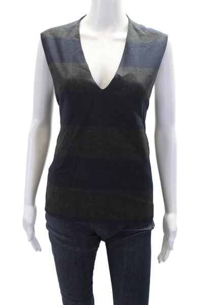 Tibi Womens Wool Blend V-neck Striped Sleeveless Blouse Top Navy Gray Size 4