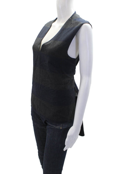 Tibi Womens Wool Blend V-neck Striped Sleeveless Blouse Top Navy Gray Size 4