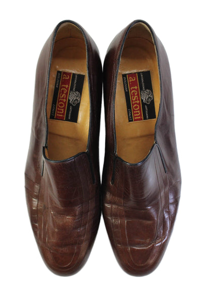 A. Testoni Mens Leather Apron Almond Toe Slip-On Loafers Brown Size 7