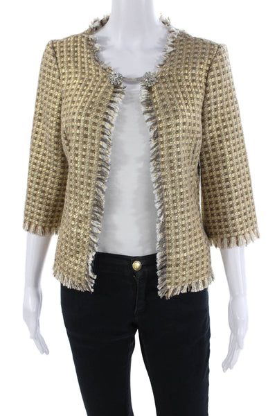 Trina Turk Womens Fringe Open Front Long Sleeve Jacket Metallic Gold Size 6