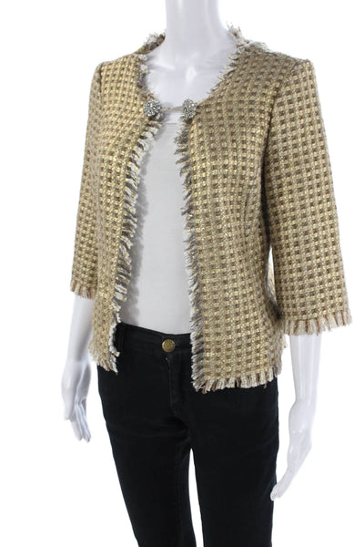 Trina Turk Womens Fringe Open Front Long Sleeve Jacket Metallic Gold Size 6