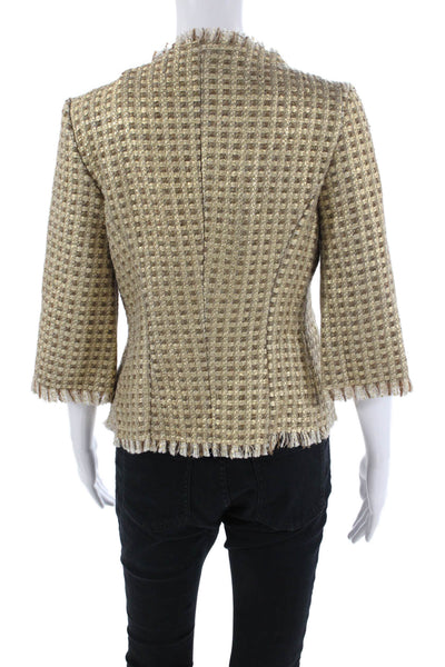 Trina Turk Womens Fringe Open Front Long Sleeve Jacket Metallic Gold Size 6