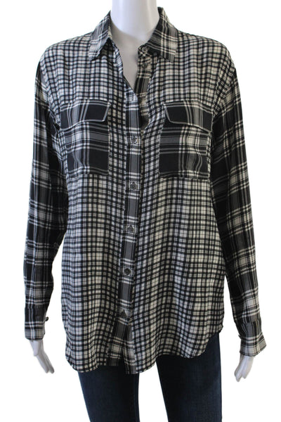 Equipment Femme Womens Silk Plaid Long Sleeve Button Up Blouse Top Black Size XS