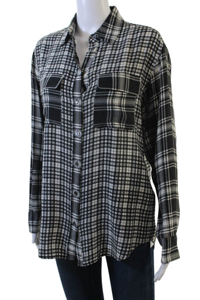 Equipment Femme Womens Silk Plaid Long Sleeve Button Up Blouse Top Black Size XS