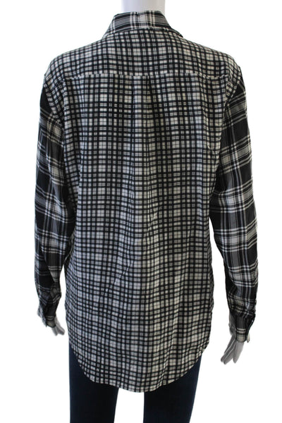 Equipment Femme Womens Silk Plaid Long Sleeve Button Up Blouse Top Black Size XS